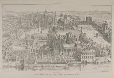 Aerial View of Westminster Abbey and the Palace of Westminster in the Time of Henry VIII